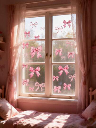 8 Sheets Bohemia Pink Bow Wall Stickers, Cute Light Pink Bow Knot Wall Decals, PVC Self-Adhesive Removable Stickers For Girls Room, Bedroom, And Playroom Decor