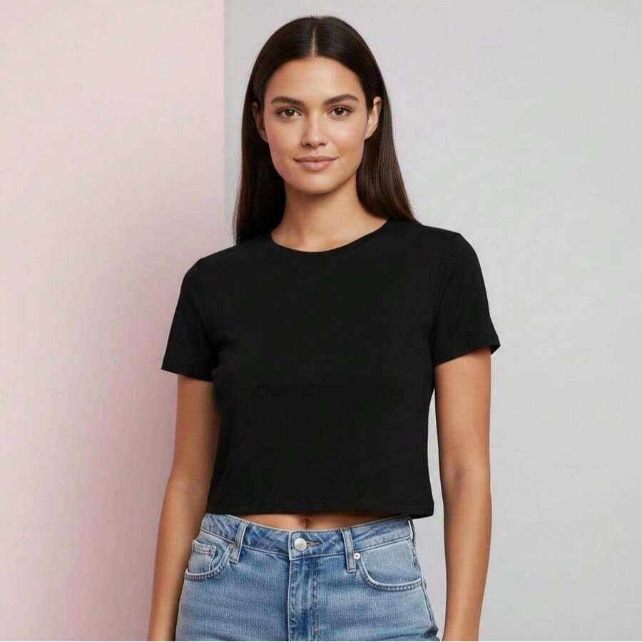 Women's Cropped Top, 100% Cotton, Basic, Plain, Round Neck. - Black - View 1