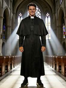 Medieval Priest Robe, Halloween Priest Costume With Cross Necklace And Belt - Black - View 1