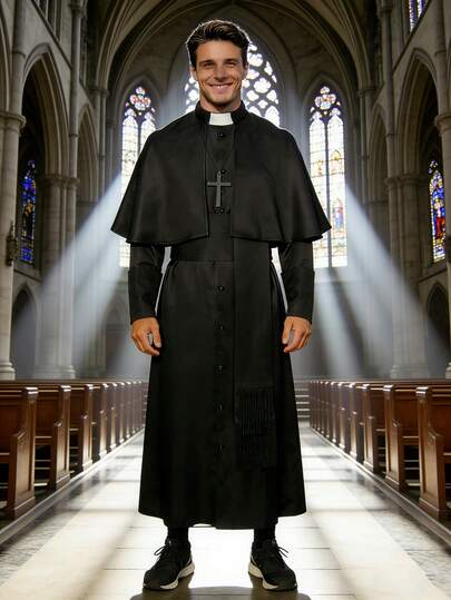 中世纪牧师长袍，万圣节牧师服装，配有十字架项链和腰带