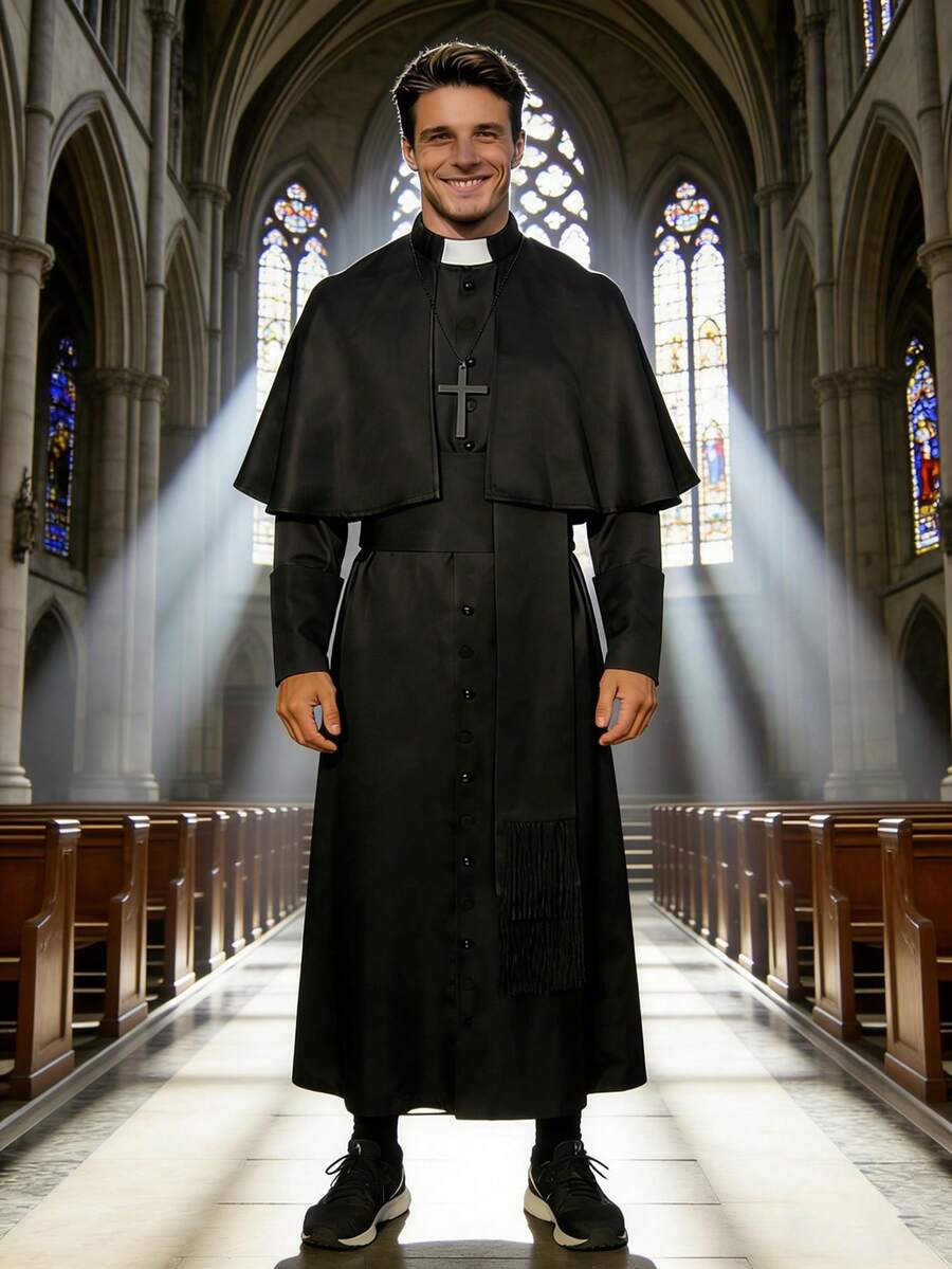 Medieval Priest Robe, Halloween Priest Costume With Cross Necklace And Belt - Black - View 1