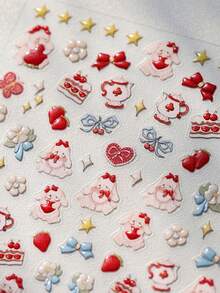 1片可爱粉色草莓兔甜美水果草莓蛋糕蝴蝶花兔子蝴蝶结爱心星星5D超可爱卡通风格美甲贴纸，女孩和女士美甲用品装饰 - 彩色 - 查看 6