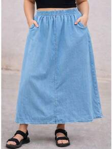 Lightweight Denim Skirt With Elastic Waistband And Pockets - Summer - Rửa nhẹ - Xem 13