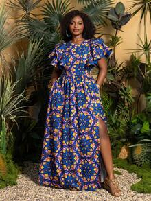 Faeriesty Đầm maxi cỡ lớn dành cho nữ in họa tiết châu Phi, đầm chữ A cổ tròn tay bồng thanh lịch với chi tiết khóa kéo, chất liệu vải dệt thời trang thích hợp cho kỳ nghỉ hè. - Màu xanh lam - Xem 4