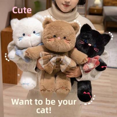 1个可爱蝴蝶结黑色小猫毛绒娃娃抱枕卡通猫玩偶可爱猫咪毛绒玩具娃娃卧室客厅装饰娃娃礼物送给孩子、女性，万圣节、圣诞节