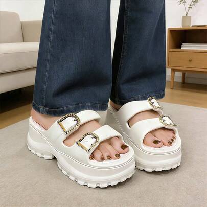 ​​Sandalias para mujer estilo coreano multiusos - Diseño minimalista con doble hebilla, plataforma antideslizante de EVA para aumentar estatura​​
