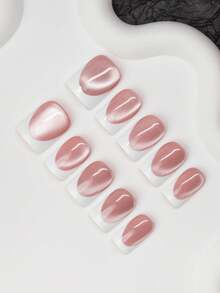 10片/套方形手工美甲贴片，Y2K 酷炫风格，裸色和白色，法式贴片和猫眼设计，适合派对、舞会和日常佩戴，包含美甲工具，是送给女性和女孩的绝佳礼物。 - 彩色 - 查看 3