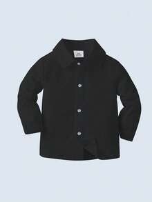 Young BoyWhite Long Sleeve Button-Front Collared Shirt, Gentleman's Academic Style Versatile For Daily Wear And Occasions - Black - View 3