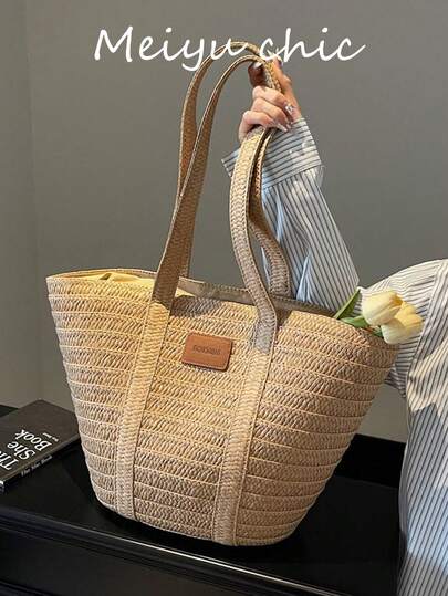 This Stylish And Minimalist Woven Shoulder Bag Features A Solid Color Design And Can Be Carried By Hand Or Over The Shoulder. It Offers Ample Storage Space, Easily Accommodating Small Items Such As A Phone, Keys, And Lipstick. Whether For A Beach Vacation Or Travel, It's The Perfect Choice. This Uniquely Designed Women's Bag Is Handcrafted From Lightweight And Breathable Fabric.