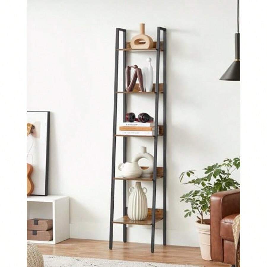 Estantería de Escalera Estantería Estrecha de 5 Niveles para Oficina Dormitorio Salón Cocina Marrón Rústico y Tinta MLLS109B01V1 - Marrón Rústico + Negro Tinta - Ver 1