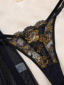 EverydayBra 女士金色撞色蕾丝性感短款睡裙，网纱镂空A字连衣裙，女士吊带吊带裙，蕾丝玫瑰哥特风情趣睡袍 - 金色 - 查看 5