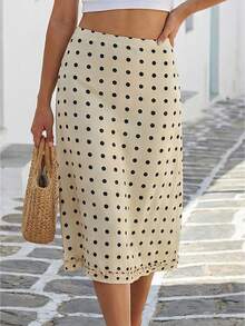Womens Midi Skirts Casual Ruffled Trim Dot Print Mid Rise Skirt For Daily Life Club Party And More - 淺黃色 - 查看 1