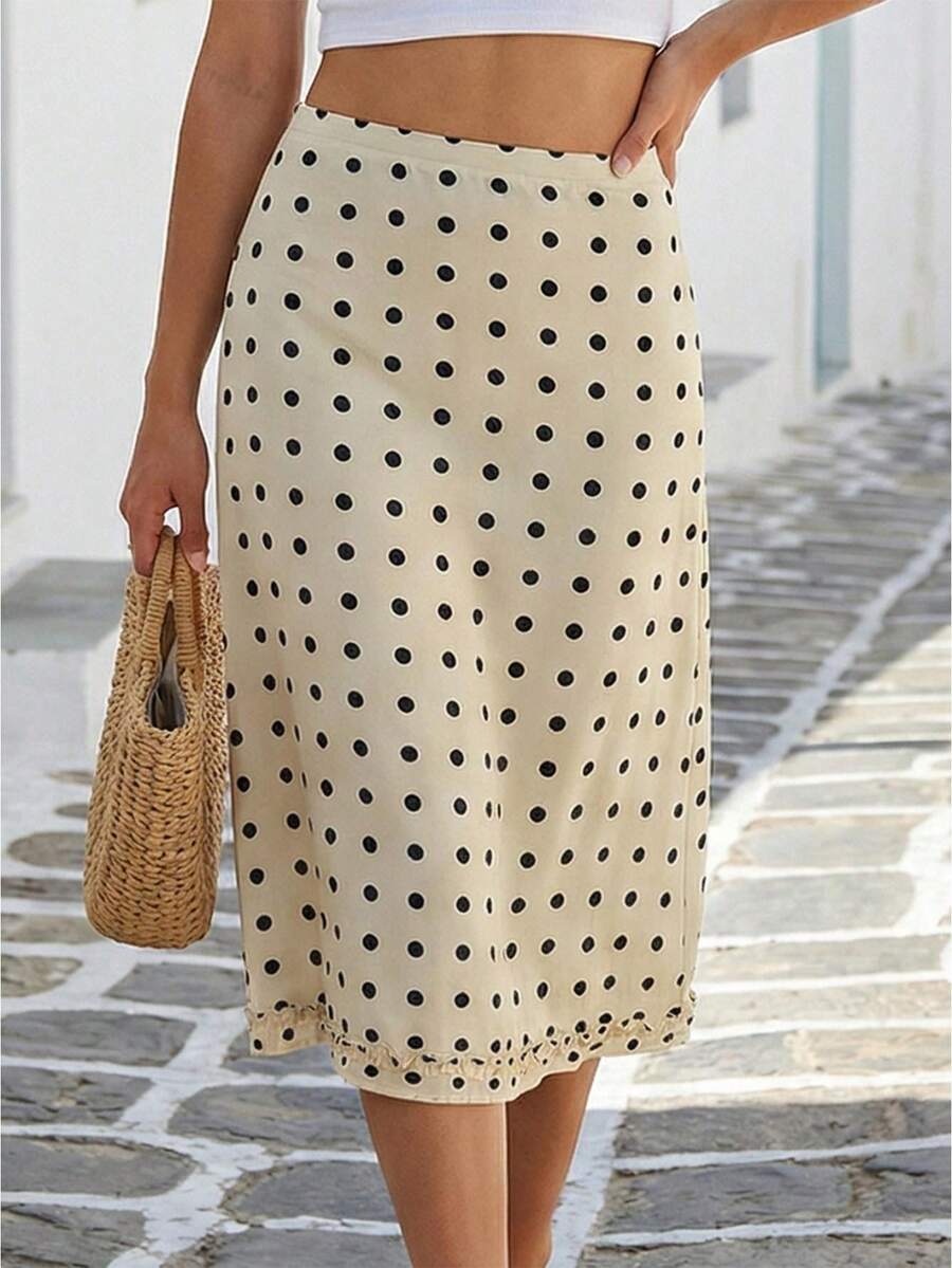 Womens Midi Skirts Casual Ruffled Trim Dot Print Mid Rise Skirt For Daily Life Club Party And More - 淺黃色 - 查看 1