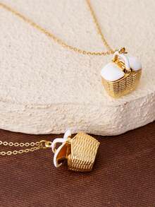 1pc Cute & Elegant Picnic Basket Pendant Necklace, Versatile Daily Wear - Gold - View 2