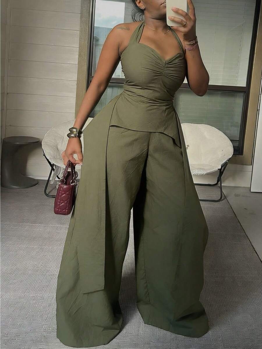 GLOURI Women's Olive Halter One-Piece Set - Twisted Bust & Wide-Leg Pants Detail | Elegant Chic Style For Art Gallery Visits, Business Casual Outings & Urban Street Strolls (Halter Silhouette & Eye-Catching Wide-Leg Design) For Polished Stylish Looks - 軍綠 - 查看 1