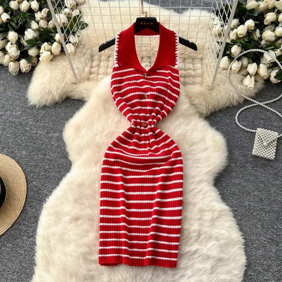 Halter ajustado verano Sexy Mini Vestido De punto sin espalda Spaghetti Strap Vestido De fiesta mujeres Casual fiesta ceñido al cuerpo Vestidos elásticos - Rojo - Ver 1