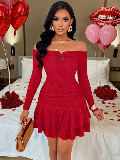 AIJ Amarilo 纯色性感露肩荷叶边长袖迷你连衣裙，饰有不对称金属纽扣，优雅休闲日常穿着，圣诞派对礼服，春夏女装