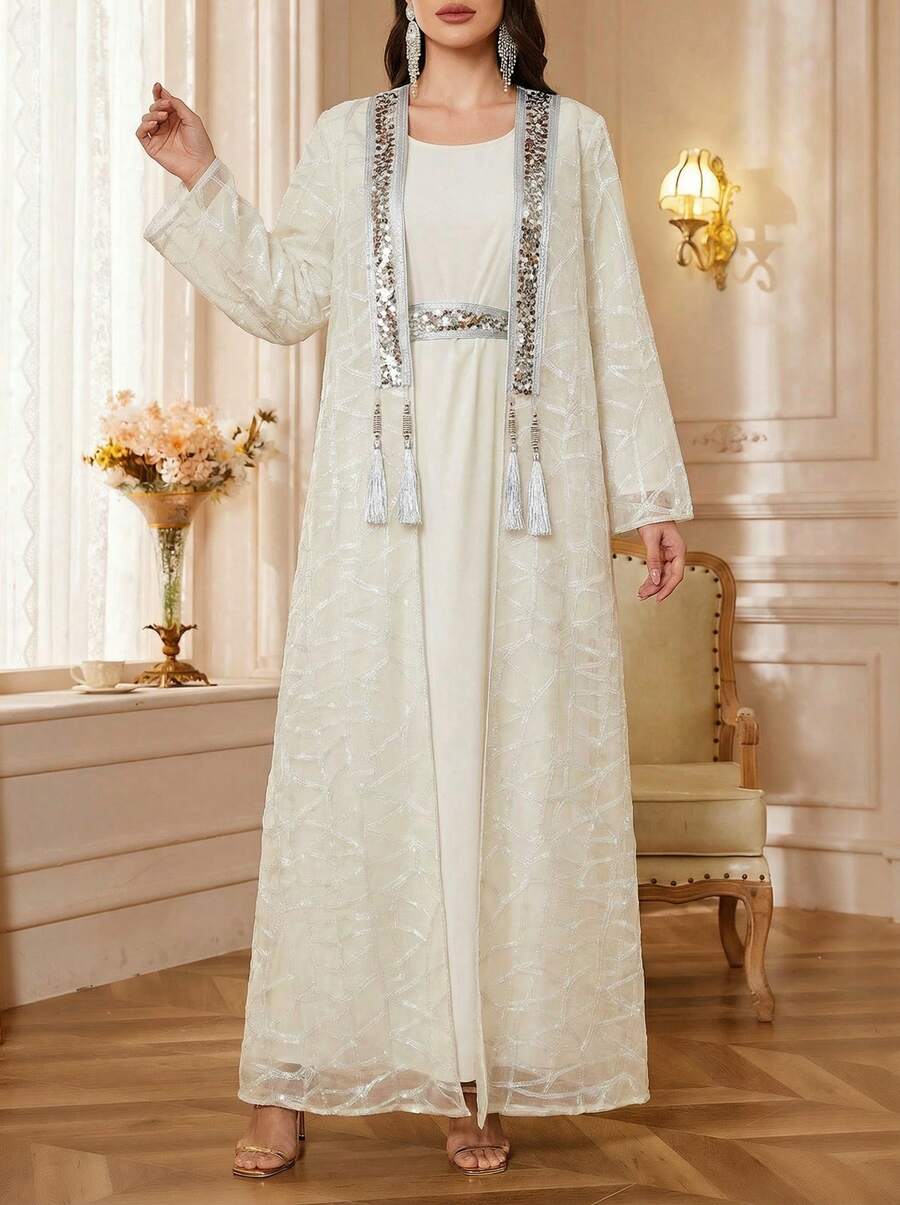 Solessence 女士长款阿拉伯风格两件套吊坠几何图案腰带连衣裙，适合约会、居家、日常穿着、度假、节日、秋冬季节穿着。