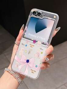 1pc Fashionable And Simple Frosted PC Material Cute Bow Bear Element Folding Phone Case, Can Protect And Prevent Falling: SamsungGalaxy Zflip 3/Zflip 4/Zflip 5/Zflip 6/Zflip 7/ Razr 50 Ultra/ Razr 60 Ultra/ 60/ Razr 50/Galaxy Z Flip7 FE - Clear - View 7