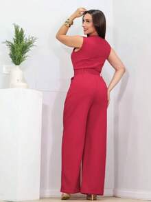 Amanda Jumpsuit With Wrap Style, V-Neck, And Belt, Tailored Fabric, Sizes M To XL - Đỏ - Xem 3