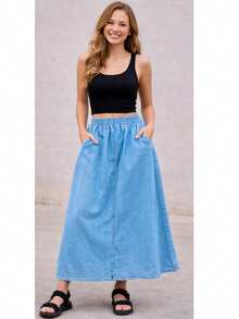 Lightweight Denim Skirt With Elastic Waistband And Pockets - Summer - Rửa nhẹ - Xem 5