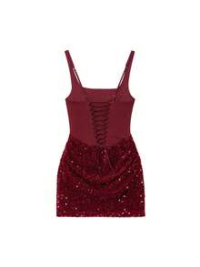 女士性感亮片迷你连衣裙，方领，修身，优雅性感派对婚礼晚礼服 - 紅色 - 查看 7