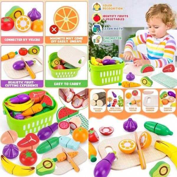 Wooden Food For Play Kitchen - Cutting Fruits Toys For 1 2 3 Years Old Toddlers Vegetables Gift For Boys Girls Educational ToysChildren's Joyful Games, Essential Toys For Children