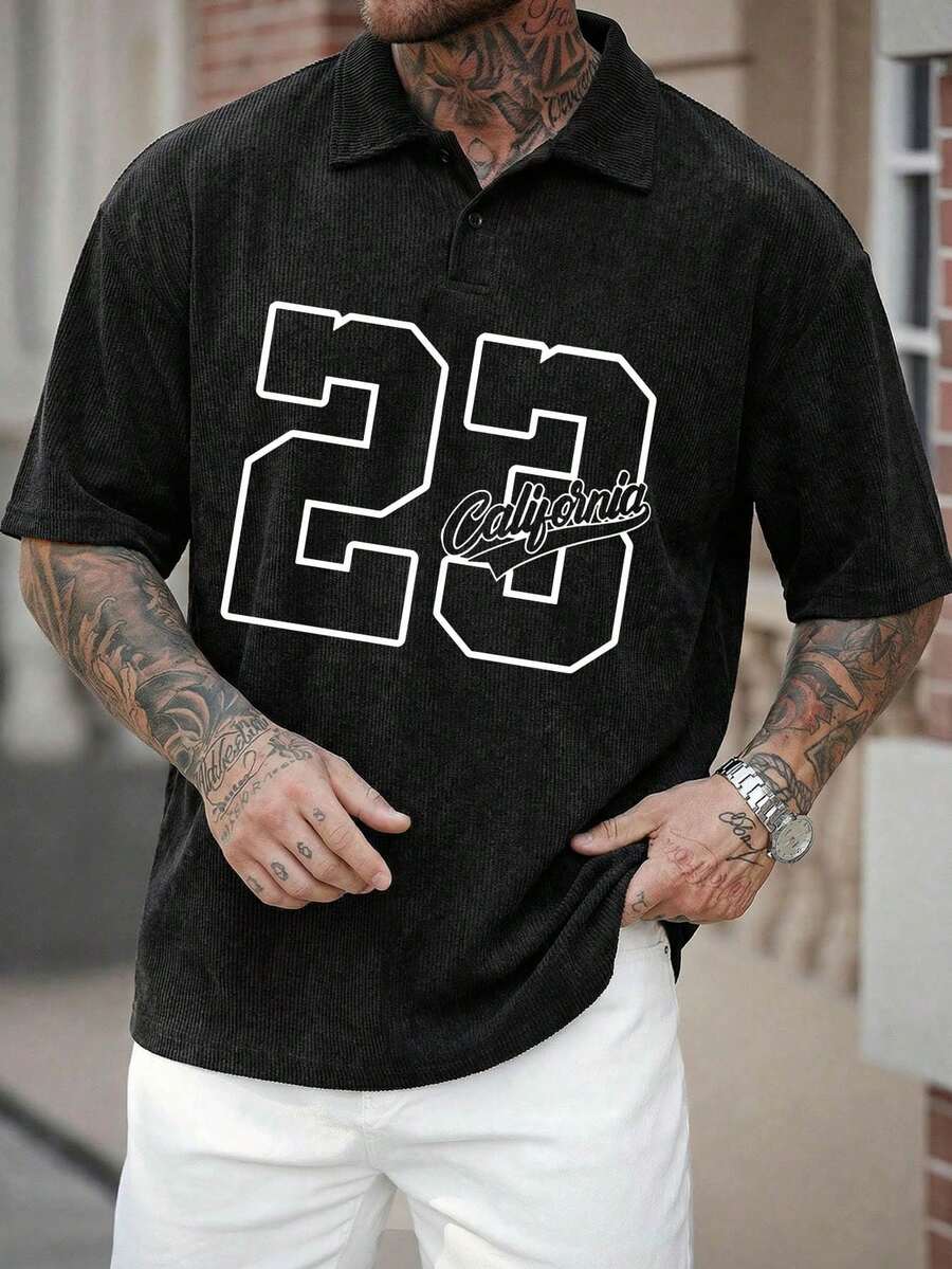 Men's Casual Loose Fit Numeric Pattern Polo Shirt, Summer - Black - View 1