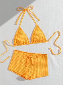 wohenmeili Bộ bikini buộc dây cổ kiểu Bohemian, bikini co giãn cao cấp, áo bơi tam giác buộc dây và quần lọt khe nhún bèo buộc dây bên hông dành cho nữ, đồ đi biển, đồ bơi nữ chất liệu kẻ caro đặc biệt cho kỳ nghỉ hè. - Lưới màu cam - Xem 4