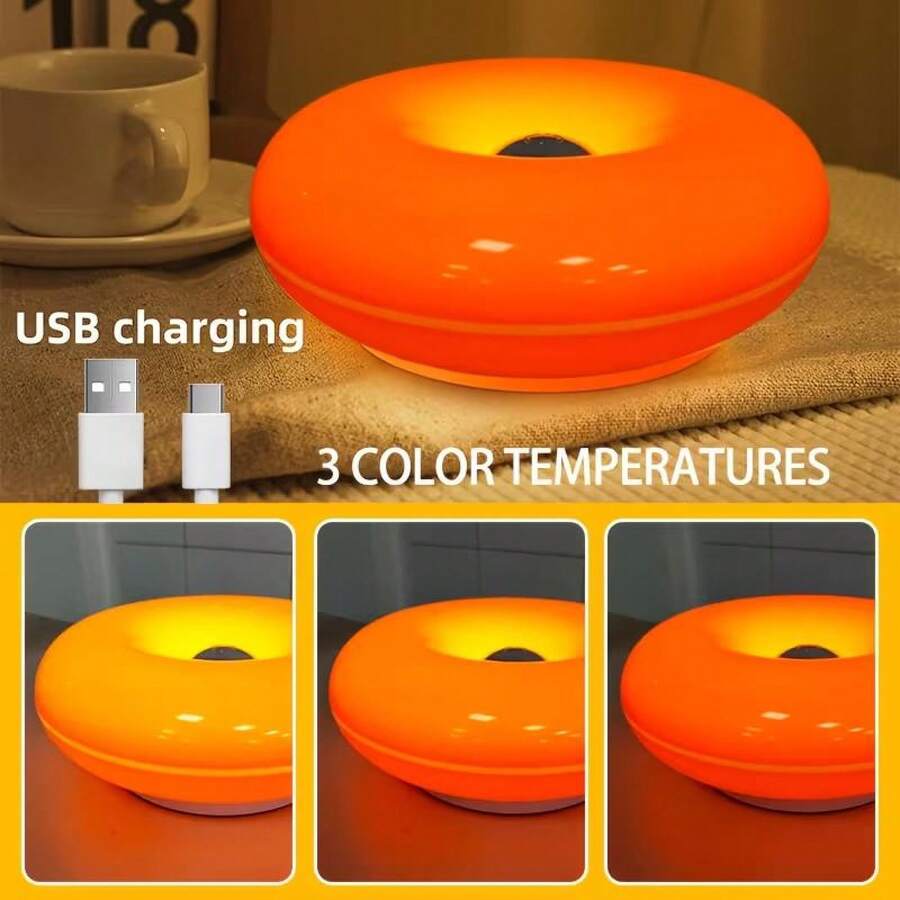 Modern Design Donut Table Lamp, LED Bedside Desk Lamp With Durable Shade, Rotomolded Small 3-Color Dimmable Nightstand Lamps (Not Glass) (Orange) Dimmable Usb - trái cam - Xem 1
