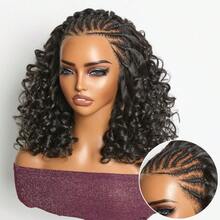Boho Braided Loose Deep Lace With Braided Human Hair Wigs Curly Deep Wave 13*4 Glueless Pre Cut Plucked Lace Short Wig Pre-Braided Bouncy Curly Ear-To-Ear Frontal Lace Wig 1B - Natural Black - View 1