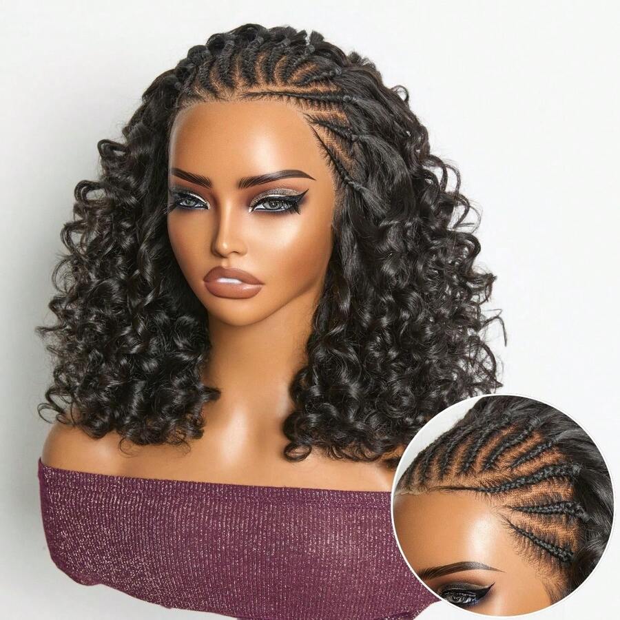 Boho Braided Loose Deep Lace With Braided Human Hair Wigs Curly Deep Wave 13*4 Glueless Pre Cut Plucked Lace Short Wig Pre-Braided Bouncy Curly Ear-To-Ear Frontal Lace Wig 1B - Natural Black - View 1