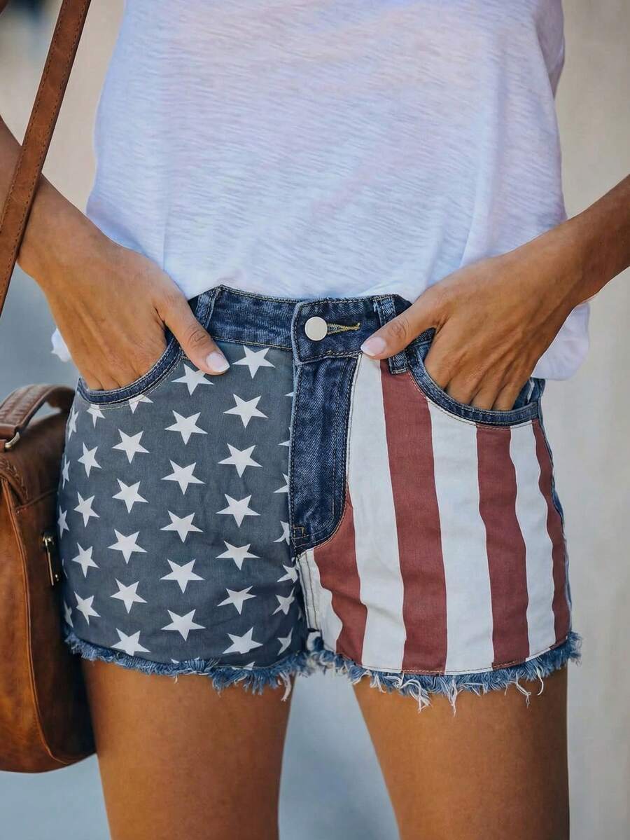 Casual Women's Straight Leg Denim Shorts With Raw Hem Ripped Details And American Flag Star And Stripe Pattern - Blue - View 1