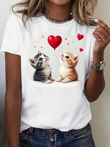 Valentine's Day Women's Cute Kitten & Heart Balloon Print T-Shirt - Sweet Style, Crew Neck, Short Sleeve, ideal Gift for Your Beloved, Valentine's Day T-Shirts - Blanc - Voir 1