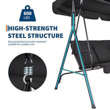 Columpio de patio para 3 personas, hamaca colgante para porche exterior con toldo y reposabrazos ajustables, asiento y respaldo de textileno transpirable, banco columpio para jardín, piscina y patio trasero. - Negro - Ver 8