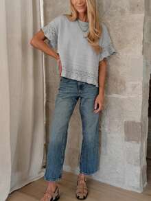 Women's Sweet Crochet Top, Short Sleeve Round Neck Sweater With Cute Ruffle Hem For Spring Summer - Xám - Xem 4