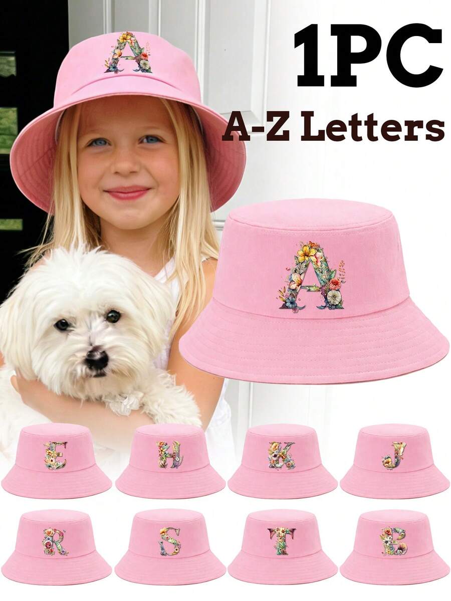 1顶女童粉色花卉字母图案渔夫帽,26个字母个性化时尚款,复古优雅轻便防晒,适合生日、节日、返校、四季休闲、户外、日常佩戴 - 粉色 - 查看 1