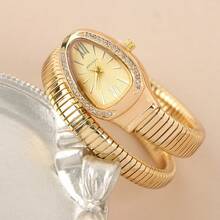Vintage Mechanical Snake Design Bracelet Watch, European Style Oval Dial Wristwatch With Rhinestones, Stainless Steel Band Unisex Watch - 金,綠錶盤 - 查看 3