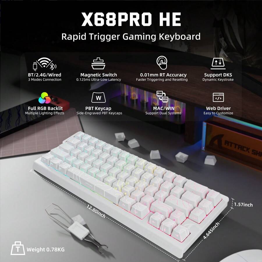 ATTACK SHARK X68PRO HE Wireless Fast Trigger Gaming Keyboard, Adjustable Trigger Point, 8K Polling Rate, Hall Effect Magnetic Switches, Hot-Swappable, RGB Backlit, Bluetooth/2.4GHz/Wired, Suitable For FPS Games - Multicolor - View 1