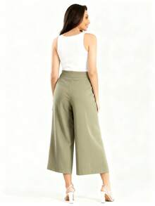 Women's Linen Capri Midi Pantacourt Trousers With Buttons, Wide Leg, Flare, High Waist, Casual Style - 苔蘚綠 - 查看 2