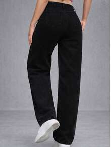 Women's Black Wide Leg Jeans, High Waist, Palazzo Style - 黑色 - 查看 4