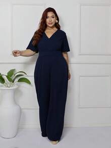 Women's Plus Size Plain Long Jumpsuit, Wide Leg, Short Sleeve, V-Neck, Ruched Front, Comfortable - 藏蓝色 - 查看 6