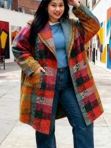 大码女装秋冬长袖口袋不对称格纹印花连帽开襟外套，彩色格纹波西米亚风时尚休闲街头风春季外套 - 紫色 - 查看 3