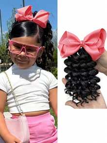 1pc Cute Girl Braided Ponytail Wig, Synthetic Hair Extension With Bow Decor Ribbon, Detachable & Reusable, Ideal Gift (Bow Color Options: Orange, Blue, Yellow, Red, Pink, Turquoise, Light Purple), Halloween - Black - View 12
