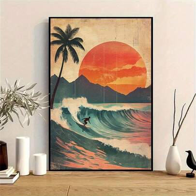1pc Retro Surfing Canvas Poster - Tropical Beach Sunset, Surfer Riding Waves Mural, Suitable For Living Room Decor, Bedroom Decor, Office Decor - Beach Theme Decoration, Surfboard Decoration