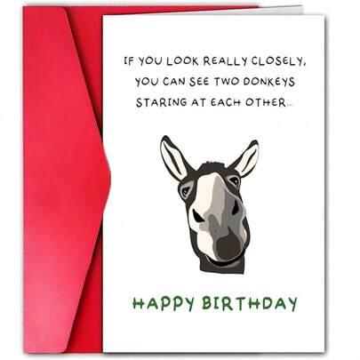 1pc Funny Donkey Birthday Card Humorous Two Donkeys Staring Design - For Him Or Her | Quirky Greeting For Friends, Brother, Sister