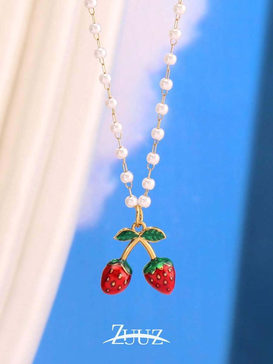 1pc Fashion Stainless Steel Strawberry Charm Pearl Chain Necklace For Women Choker Necklaces Female Jewelry Best Friends Gifts - necklace - View 1