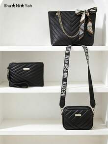 3pcs Women Bag Set - Tote Bag, Shoulder Bag, Clutch Wallet - Black - View 4