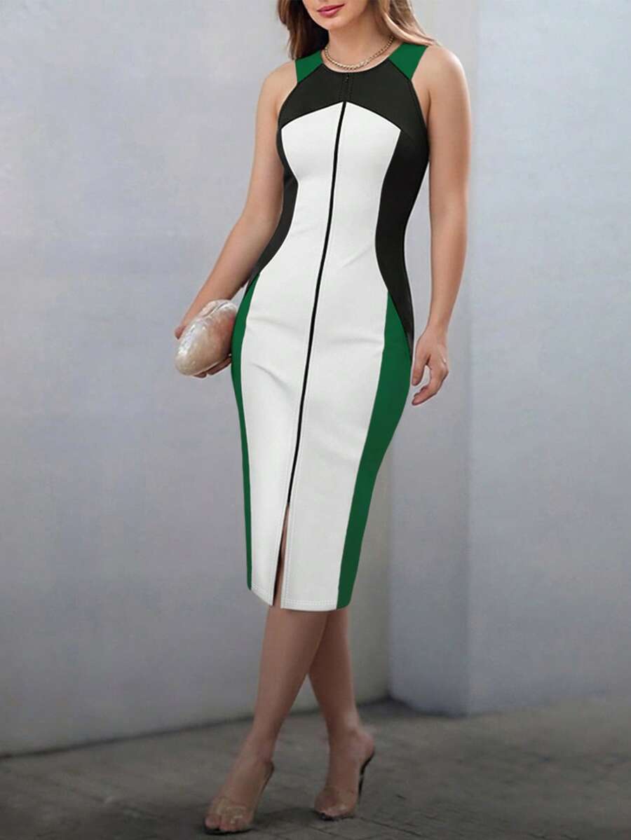 ChicMe Women's Color Block Round Neck Sleeveless Zip Front Split Hem Fitted Mid-Length Dress, Fashionable For Commuting And Everyday Wear - Green - View 1