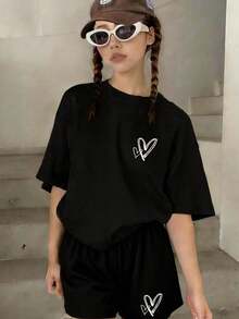 2pcs/Set Teenage Girls' Heart Print Short Sleeve T-Shirt And Shorts Set, Casual Loose Fit, Suitable For Vacation And Shopping Outings, Summer - Black - View 2